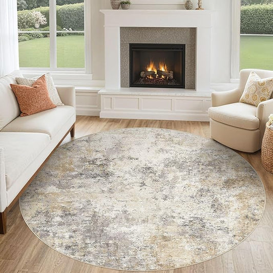 6ft Round Area Rug Living Room Rugs - 6x6 Washable Neutral Modern Abstract Soft Thin Rug Indoor Floor No Slip Rug Carpet for Bedroom Under Dining Table Home Office Decor - Golden Grey