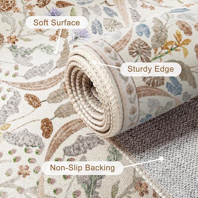 AMTOVO 2x6 Runner Rug for Hallway, Washable Non-Slip Long Kitchen Carpet, Floral Vintage Distressed Floor Mat for Hallways Entryway Living Room Laundry Room Bathroom Farmhouse, Beige