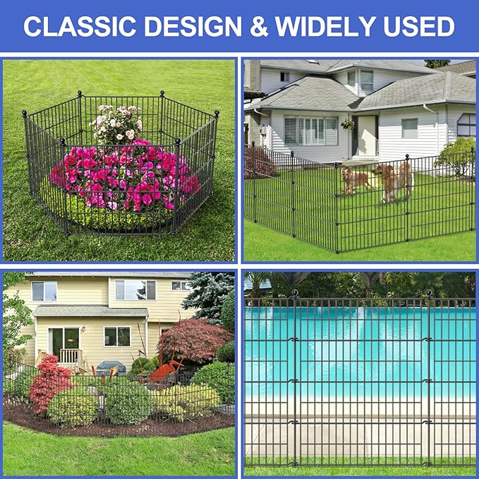 5 Panels No Dig Decorative Garden Fence with Gate, 40 in(H) X 11.8 ft(L) Outdoor Dog Rabbits Fence, Animal Barrier Pet Fencing Rustproof Metal Wire Panel Border for Yard, Patio, Flower Bed