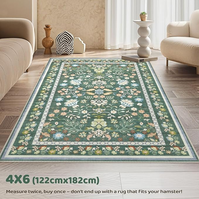 4x6 Area Rug Living Room Rugs - Washable Boho Vintage Floral Large Soft Non Slip Thin Rug Low Pile Carpet for Bedroom Dining Room Kids Playroom Office Decor Indoor- Green