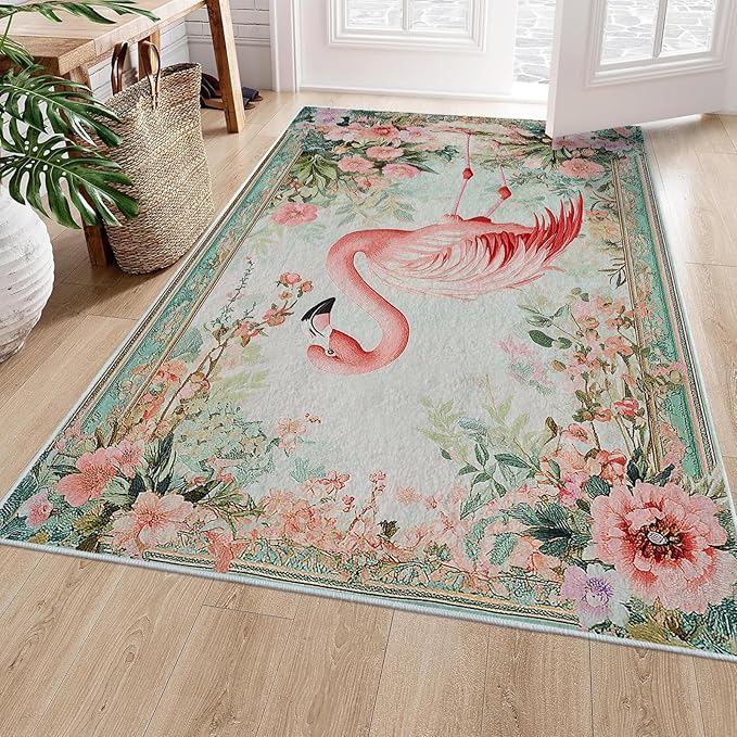 8x10 Flamingo Area Rugs Boho Floral Tropical Botanical Rug for Living Room Indoor Soft Non-Slip Thin Large Carpet Flower Rugs for Bedroom Home Decor Under Table Washable Machine