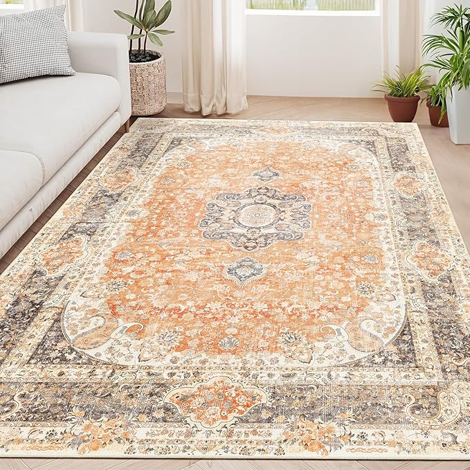 5x7 Area Rugs Washable,Boho Rug for Living Room Bedroom Kitchen,Large Vintage Bohemian Farmhouse Distressed Carpet Non Slip,Retro Orange Grey Floral