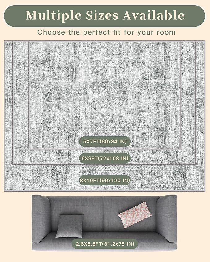Madane 5x7 Area Rugs for Living Room, Washable Vintage Grey Rug with Non-Slip Backing, Soft Floral Print Throw Rugs Floor Low Pile Carpet for Bedroom Dining Room