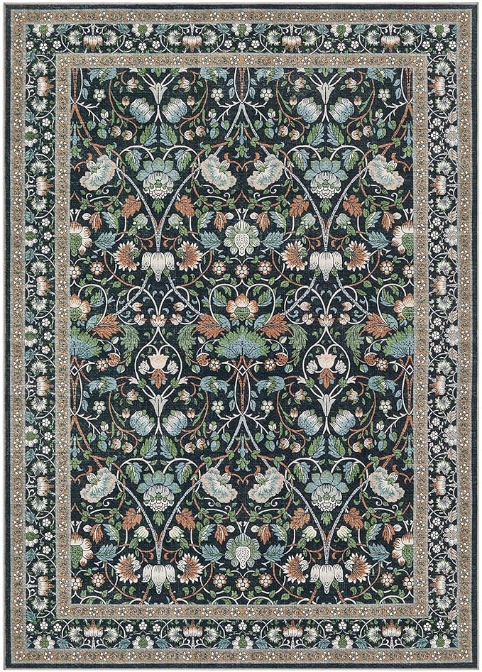 5x8 Area Rug Living Room Rugs - Washable Boho Vintage Floral Large Soft Non Slip Thin Rug Low Pile Carpet for Bedroom Dining Room Kids Playroom Office Decor Indoor- Black Blue