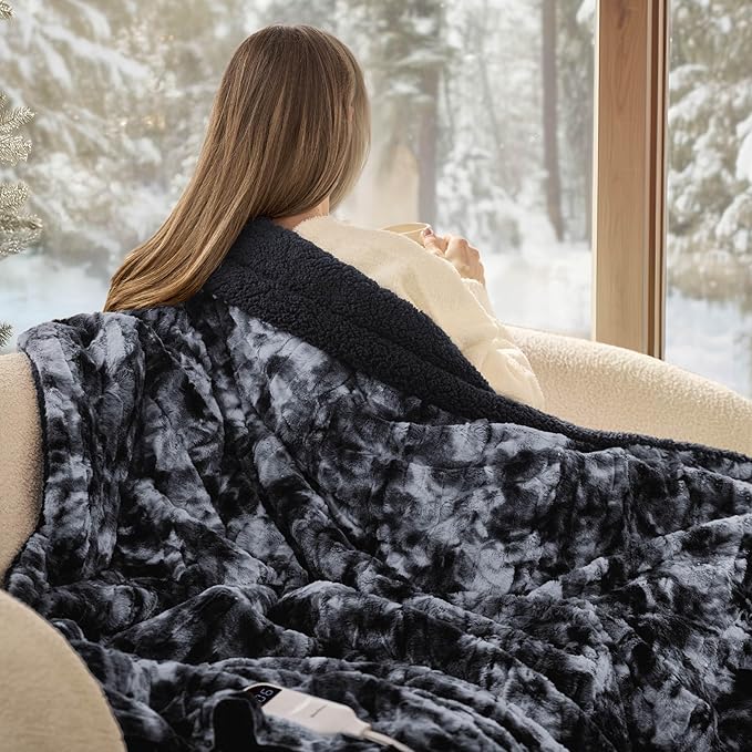 Bedsure Faux Fur Heated Blanket Throw Blanket, Fast Heating Electric Blanket with 6 Heating Levels & 4 Time Settings, Cozy Gifts for Women Men (50x60 inches, Black)