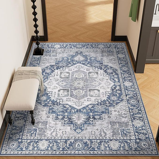 DUKINO 3x5 Rugs for Living Room, Soft Non-Slip Washable Area Rugs, Faux Wool Bedroom Rug with Non-Shedding, Indoor Low-Pile Boho Rugs for Dining Room, Home Office, Blue