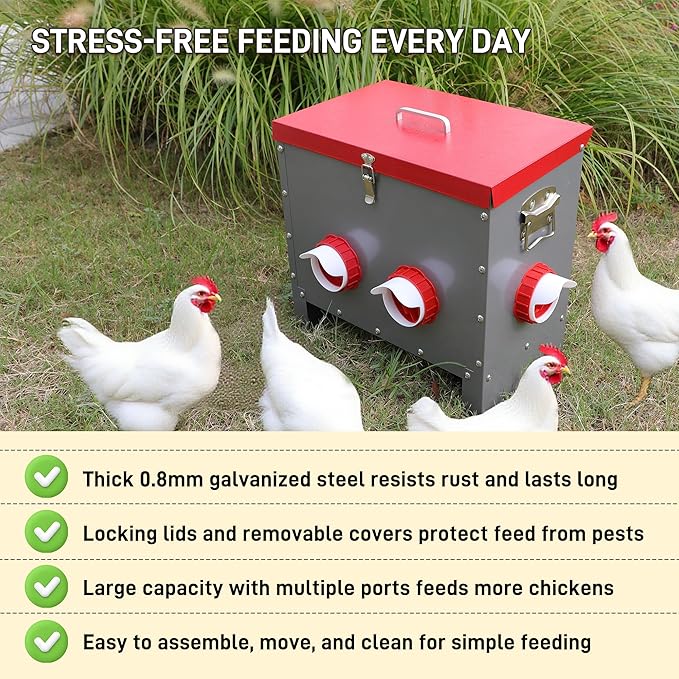 Automatic Chicken Feeder-40LB Metal Poultry Feeder No Waste with 6 Feeding Ports, Rat Proof Auto Chicken Feeders with Rust-Resistant Steel Frame, Locking Lid & Handle for Duck Geese Outdoor Use