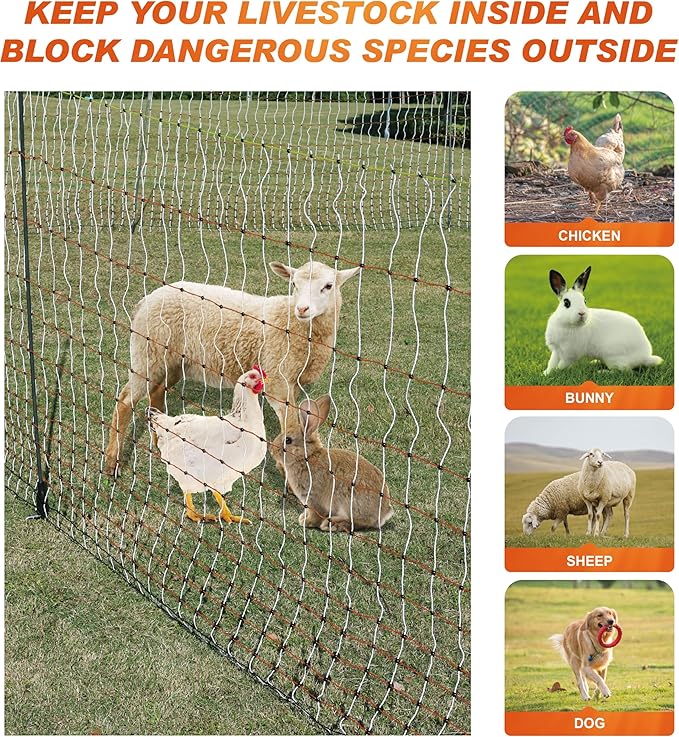 2 Rolls Poultry Electric Netting Fence - 47.3''H (can be Manually Raised to 59.1''H) x (98.5'L+65.6'L) for Flying Chicken, Sheep, Goats in Farms, Ranches and Gardens, PK2