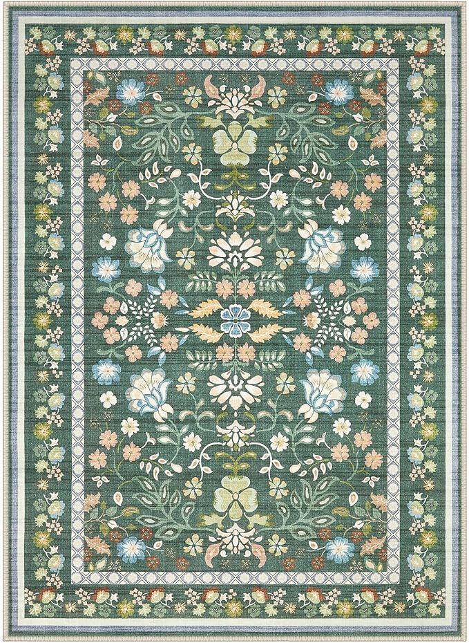 4x6 Area Rug Living Room Rugs - Washable Boho Vintage Floral Large Soft Non Slip Thin Rug Low Pile Carpet for Bedroom Dining Room Kids Playroom Office Decor Indoor- Green
