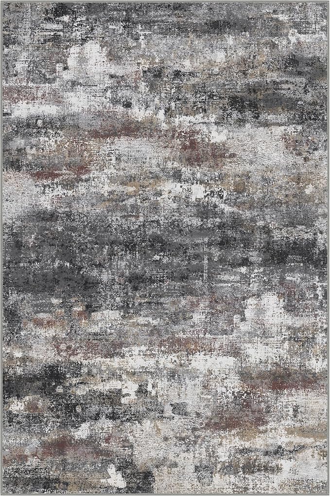 GENIMO 6x9 Area Rugs for Living Room, Modern Abstract Low Pile Rug with Non-Slip Pad, Crease-Resistant Soft Floor Carpet, Single-Piece Rugs for Bedroom, Dining Room, Office, Dark Gray Brown