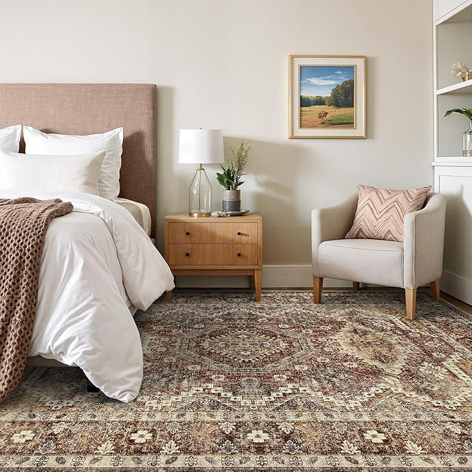 Rugland 5x7 Area Rugs - Stain Resistant Washable Rug, Anti Slip Backing Rugs for Living Room, Vintage Tribal Area Rugs (TPR07-Rust, 5'x7')