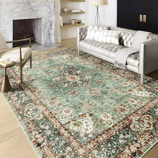 6x9 Area Rugs Washable,Green Rug for Living Room Bedroom Kitchen,Large Boho Vintage Bohemian Distressed Oriental Carpet Non Slip