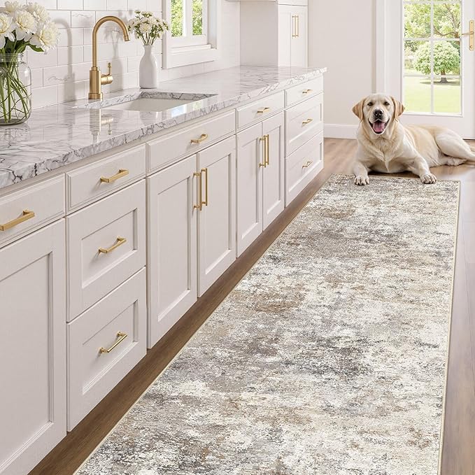 3X12 Washable Runner Rug for Hallway: Soft Neutral Modern Abstract Area Rug - Non-Slip Low Pile Long Throw Indoor Carpet for Kitchen Entryway Kitchen Bedroom Laundry- Brown Grey