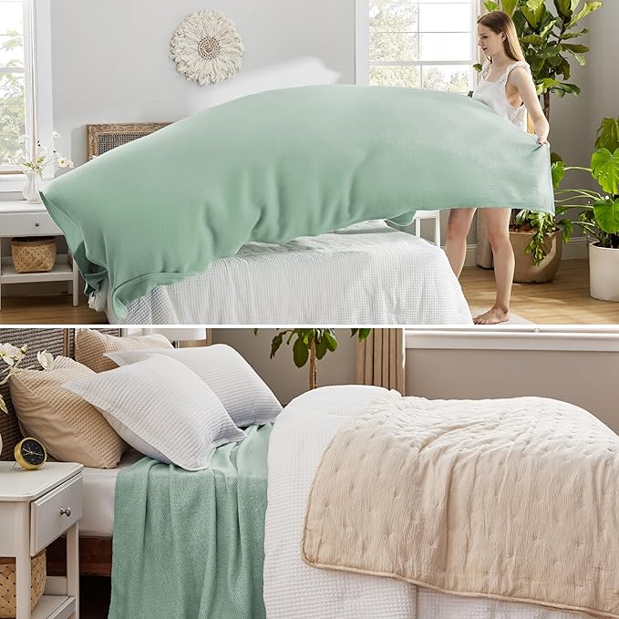 Bedsure GentleSoft 100% Cotton Blanket King Size for Bed - Breathable and Lightweight, Soft Cozy Textured Herringbone Woven Blanket for Summer, Sage Green, 108x90 inches