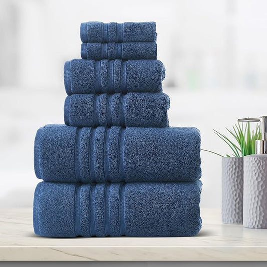 Luxury 6-Piece Bathroom Towel Set, 100% Cotton, 30 X 54 Inch, 700 GSM, 2 Bath Towels 2 Hand Towels 2 Wash Cloths, Ultra Soft & Highly Absorbent, Quick Dry Towels for Bathroom, Spa & Hotel - Navy