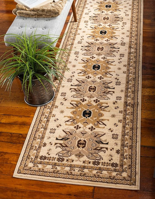Unique Loom Taftan Collection Border Geometric Tribal Inspired Design Area Rug (2' 7 x 10' 0 Runner, Ivory/ Tan)