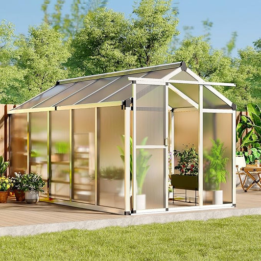 6x10 FT Greenhouse, Easy Assembly Aluminum Polycarbonate Greenhouses for Outdoors with Roof Vent, Large Aluminum Walk-in Greenhouse for Sunroom Patio, Backyard, Garden, Sliding Lockable Door, Silver
