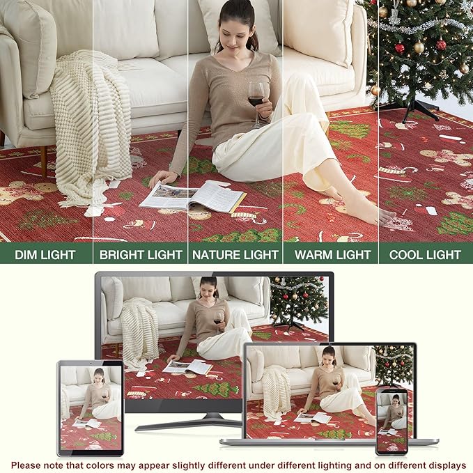 Washable Christmas Area Rug: 3x5 Neutral Modern Festive Carpet - Non-Slip Soft Thin Low Pile Throw Indoor Rugs for Bedroom Kitchen Entrance Living Room - Red
