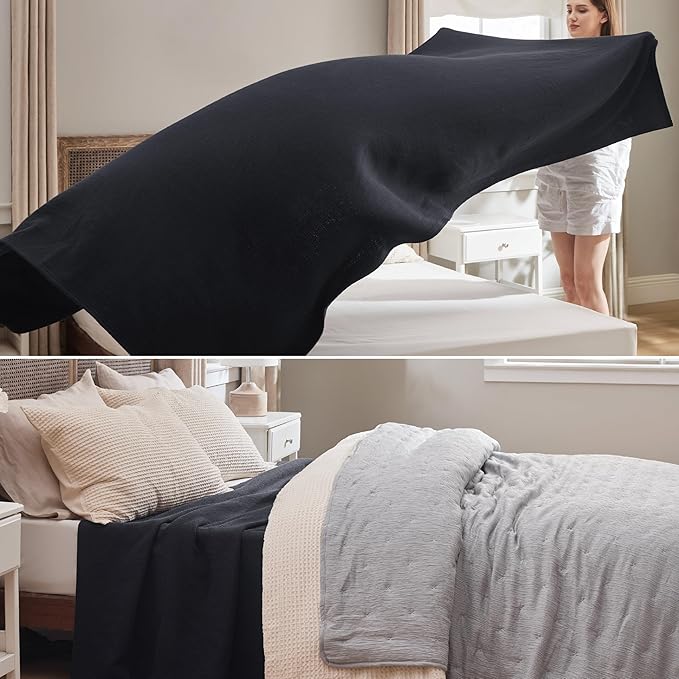 Bedsure GentleSoft 100% Cotton Blanket Queen Size for Bed - Breathable and Lightweight, Soft Cozy Textured Herringbone Woven Blanket for Summer, Black, 90x90 inches
