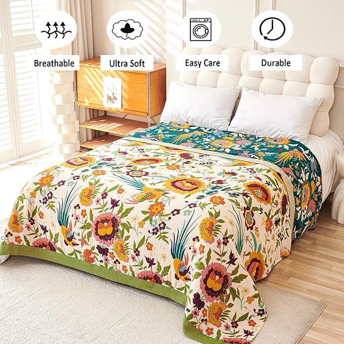 Boho Throw Blanket, 100% Organic Cotton Breathable Ultra Soft 80" x 90" Bed Quilt Throw - All Season Floral Rustic Farmhouse Decor Luxury Reversible Blanket for Sofa Couch Chair and Gift