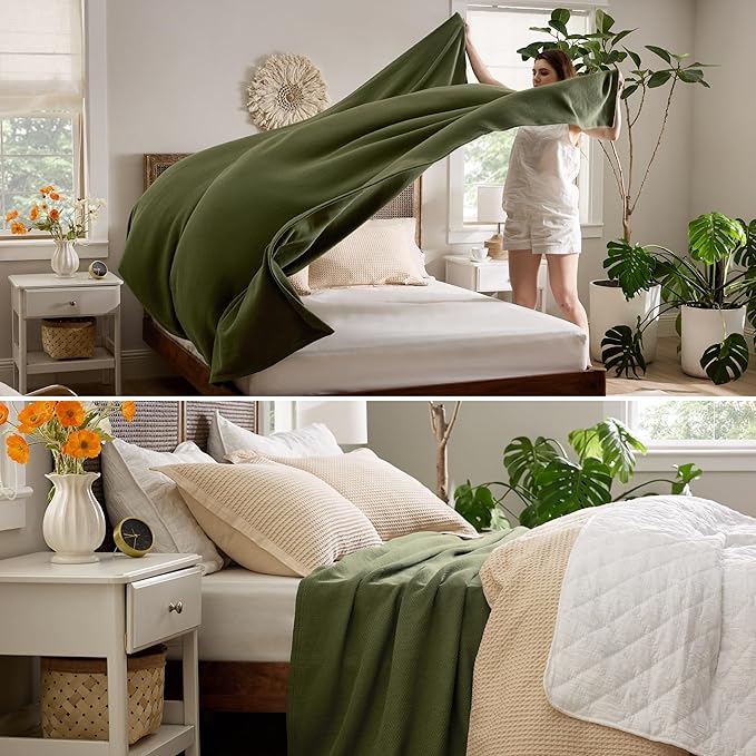 Bedsure GentleSoft 100% Cotton Blanket King Size for Bed - Breathable and Lightweight, Soft Cozy Textured Herringbone Woven Blanket for Summer, Olive Green, 108x90 inches