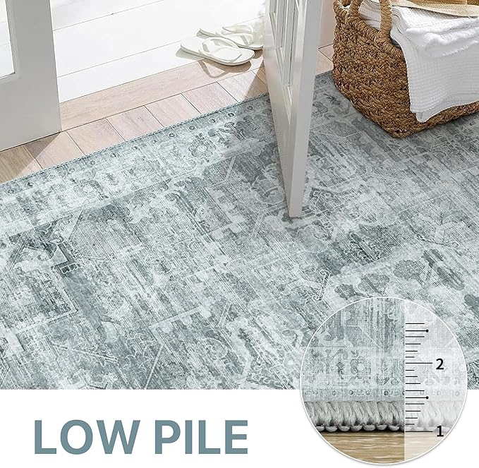 GENIMO Machine Washable 8x10 Area Rugs for Living Room, Non Slip Vintage Rugs, Low Pile Lightweight Chenille Print Rug for Bedroom, Dining Room, Home Office, Blue Gray