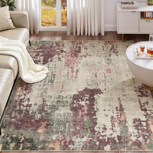 6x9 Area Rug Living Room Rugs - Washable Neutral Modern Abstract Soft Thin Rug Indoor Floor No Slip Rug Carpet for Bedroom Under Dining Table Home Office Decor - Purple/Green/Beige
