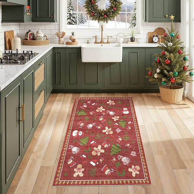 Washable Christmas Area Rug: 3x5 Neutral Modern Festive Carpet - Non-Slip Soft Thin Low Pile Throw Indoor Rugs for Bedroom Kitchen Entrance Living Room - Red