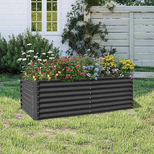 Domi 6x3x2ft Metal Raised Garden Beds Outdoor, Thickened Galvanized Steel Deep Root Planter Box with Stabilizing Bars & Rubber Edging for Vegetables, Flowers, Herbs - Dark Gray