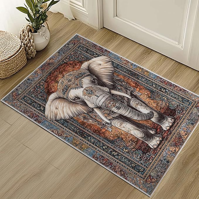 2x3 Elephant Area Rugs Boho Elephant Rug for Bathroom Kitchen Entryway Indoor Soft Non-Slip Thin Hippie Carpet Vintage Small Brown Doormat for Office Dining Room Under Table Washable Machine