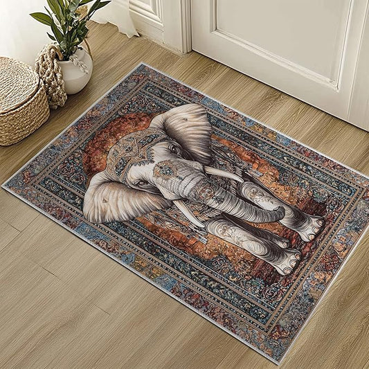 2x3 Elephant Area Rugs Boho Elephant Rug for Bathroom Kitchen Entryway Indoor Soft Non-Slip Thin Hippie Carpet Vintage Small Brown Doormat for Office Dining Room Under Table Washable Machine