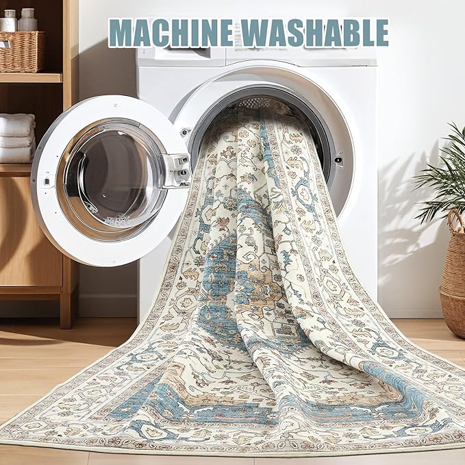 Area Rug for Living Room - 6x9 Soft Washable Oriental Vintage Floral Distressed Large Carpet - Fade Stain Resistant Non Slip Rugs for Bedroom Dining Room Nursery Dorm Office Home Decor - Blue/Beige