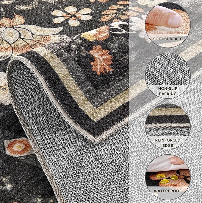 10x12 Area Rug Living Room Rugs - Washable Boho Vintage Floral Large Soft Non Slip Thin Rug Low Pile Carpet for Bedroom Dining Room Kids Playroom Office Decor Indoor- Black Grey
