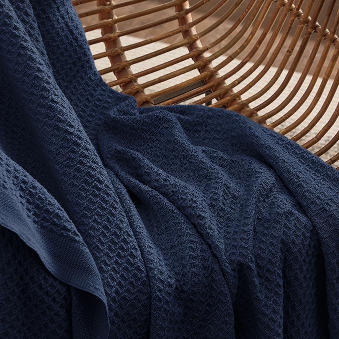 Bedsure Gentlesoft 100% Cotton Blanket Queen Size for Bed - Breathable and Soft, Thick Cozy Waffle Weave Christmas Blanket Gift for Women, Pageant Blue, 90x90 Inches