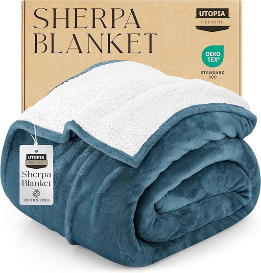 Utopia Bedding Sherpa Blanket Twin Size (Stone Blue, 90x66 Inches) - Soft Lightweight Plush Fleece Reversible Blanket for Bed, Sofa, Couch, Camping and Travel