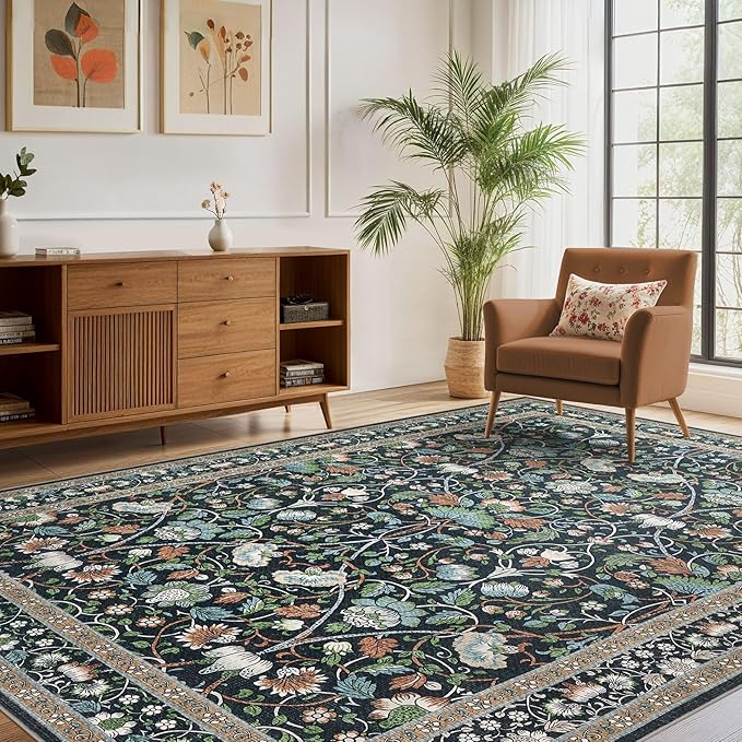 5x7 Area Rug Living Room Rugs - Washable Boho Vintage Floral Large Soft Non Slip Thin Rug Low Pile Carpet for Bedroom Dining Room Kids Playroom Office Decor Indoor- Black Blue