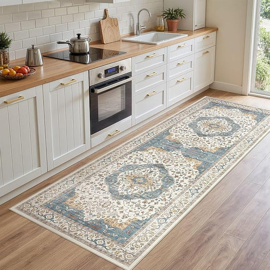 Area Rug for Living Room - 3x8 Soft Washable Oriental Vintage Floral Distressed Large Carpet - Fade Stain Resistant Non Slip Rugs for Bedroom Dining Room Nursery Dorm Office Home Decor - Blue/Beige