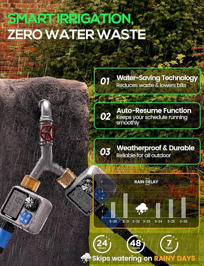 Sprinkler Irrigation Timer with Brass Inlet, Programmable Water Timer for Garden Hose, Automatic Watering System for Yard Lawn, Rain Delay