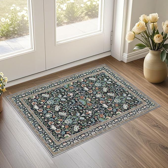 2x3 Area Rug Living Room Rugs - Washable Boho Vintage Floral Large Soft Non Slip Thin Rug Low Pile Carpet for Bedroom Dining Room Kids Playroom Office Decor Indoor- Black Blue