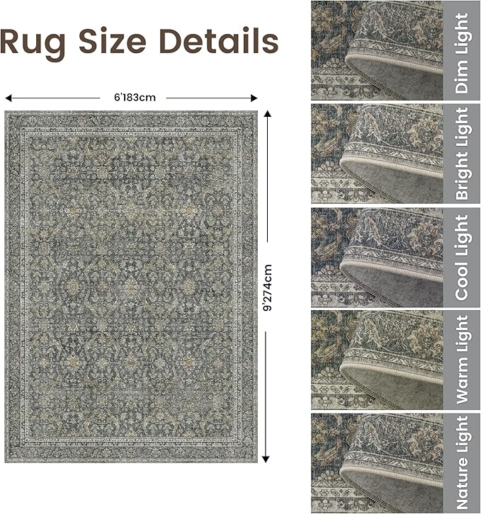 Rugland 6x9 Area Rugs - Stain Resistant Washable Rug, Anti Slip Rugs for Living Room, Vintage Tribal Area Rugs(Vintage01-Deep, 6'x9')