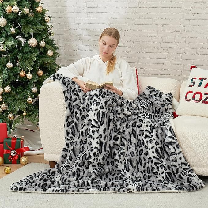 Cozy Bliss Luxury Faux Fur Throw Blanket Leopard Print, Non Shedding Double Sided Sherpa Blankets Super Soft Fluffy Thick Warm Throws Home Decor for Couch Bed Sofa Women,50"*60"Inches Snow Leopard