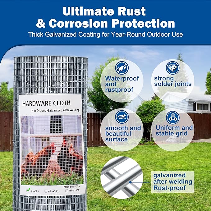 Galvanizing Hardware Cloth 1/2" x 1/2" 16 in x 50 ft, 19 Gauge Chicken Wire Fence, Welded Wire Fencing Mesh Roll with Cutting Plier & Gloves for Garden, Coop & Pet Enclosures