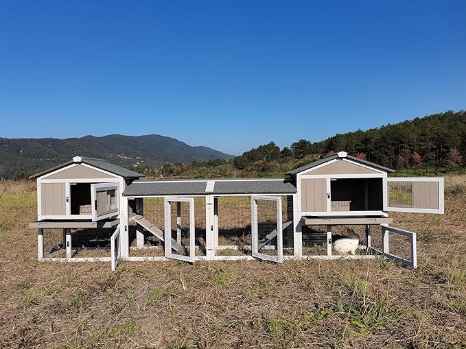 Rabbit Hutch Indoor Outdoor Bunny Cage with Pull Out Tray,2 Story Wooden Rabbit Cage with Weatherproof Asphalt Roof,Guinea Pig Cage with Ventilation Doors,Ramp for Small Animals 114" L Grey
