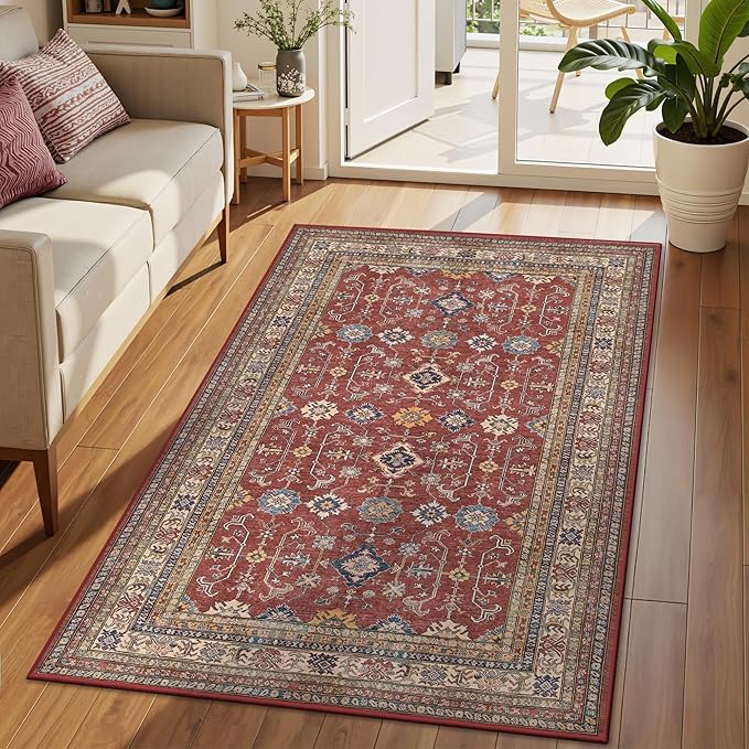 Rugland 4x6 Rug - Stain Resistant Washable Rug, Anti Slip Backing Rugs for Living Room, Vintage Tribal Area Rugs (TPR10-Burgundy, 4'x6')