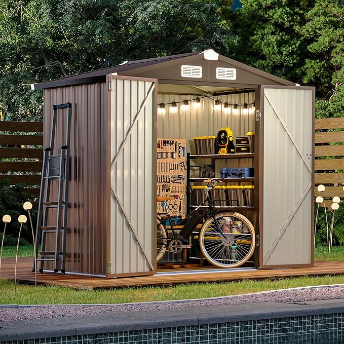 Aoxun 6.2x4 FT Shed with Solar Light Outdoor Storage Shed with Lockable Doors & Slooping Roof Metal Garden Tool Shed for Backyard, Patio, Poolside (Brown)