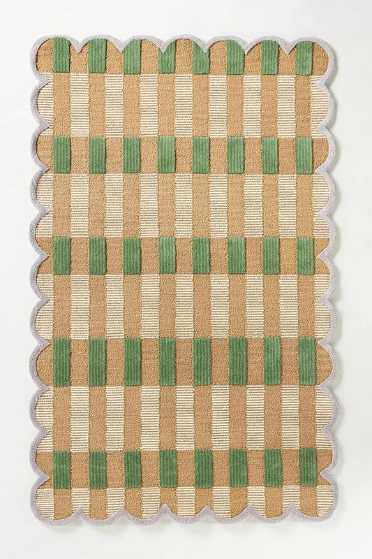 Hand-Tufted Wool Area Rug with Scalloped Edges, Beige and Green Plaid Pattern, Cozy and Soft Accent Rug for Living Room, Bedroom, and Nursery, Handmade Decorative Rug, 9x9 Ft (Round)