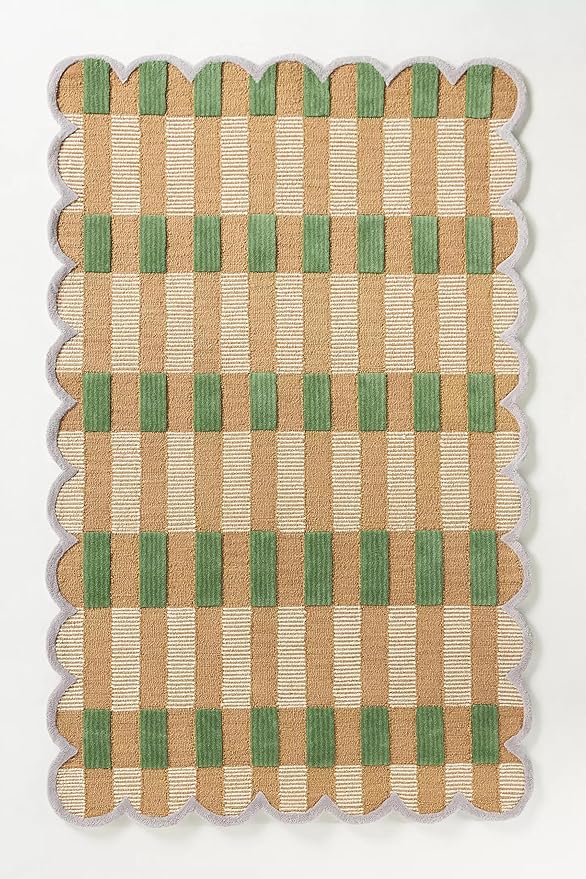 Hand-Tufted Wool Area Rug with Scalloped Edges, Beige and Green Plaid Pattern, Cozy and Soft Accent Rug for Living Room, Bedroom, and Nursery, Handmade Decorative Rug, 9x9 Ft (Square)
