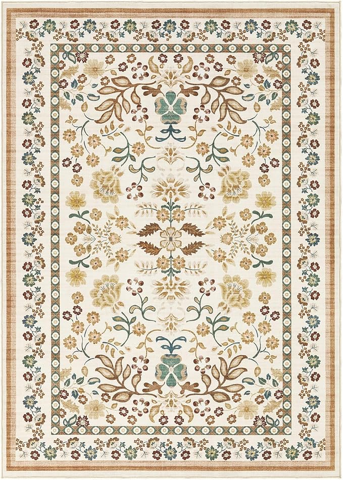 6x9 Area Rug Living Room Rugs - Washable Boho Vintage Floral Large Soft Non Slip Thin Rug Low Pile Carpet for Bedroom Dining Room Kids Playroom Office Decor Indoor- Brown