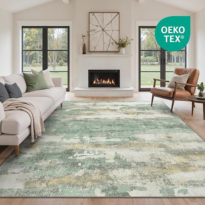 GENIMO 6x9 Area Rugs for Living Room, Modern Abstract Low Pile Rug with Non-Slip Pad, Crease-Resistant Soft Floor Carpet, Single-Piece Rugs for Bedroom, Dining Room, Office, Green Gray