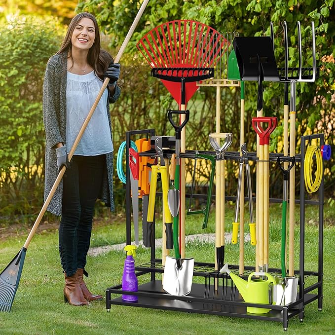 Garden Tool Organizer for Garage, Yard Tool Rack, Holds Up to 64 Long-Handled Tools, Black Metal Garden Tools Rack Storage with Hooks for Yard Shed Garage Organization